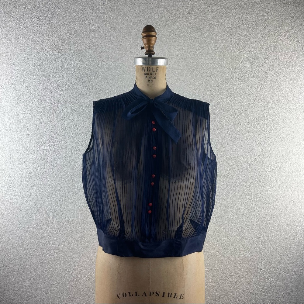 Vintage l 50s L Sheer Navy Blue Pintuck Necktie Bow Red Button Rockabilly Blouse